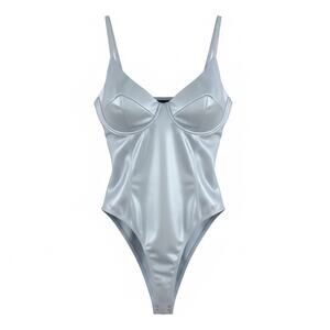 Y2K xl powder blue glossy satin high cut one piece bodysuit